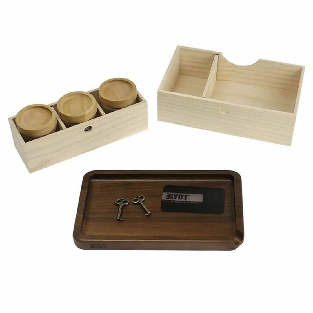 BOB Headquarters RYOT Lock R' Box W/ Rolling Tray & 3 Jars - Walnut 3 BOB Headquarters RYOT Lock R' Box W/ Rolling Tray & 3 Jars - Walnut