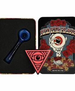 West Coast Gifts Red Eye Glass 4.5" Hand Pipe With Built-In Screen & Ash Catcher Mouthpiece In A Collector Tin